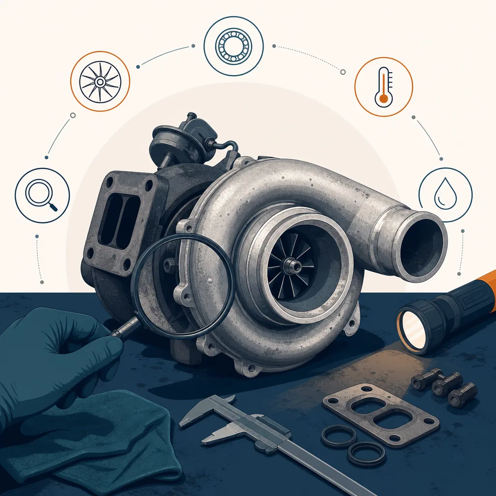 Gebruikte turbo op een werkbank, klaar voor inspectie vóór aankoop
